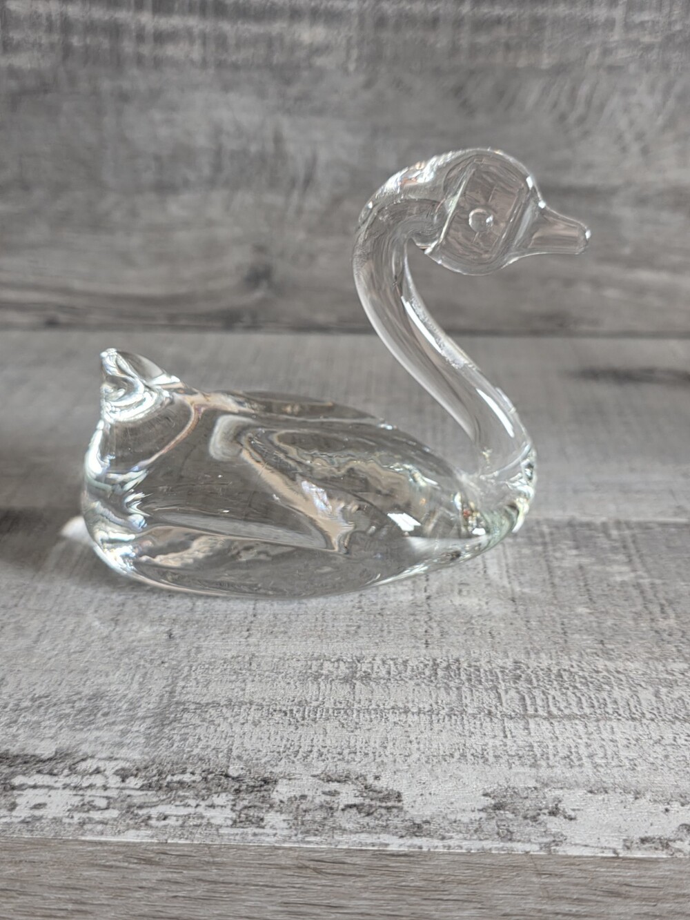 Art Glass Paperweight Swan Clear Glass Flat Face 3” Tall Vintage 89.11
